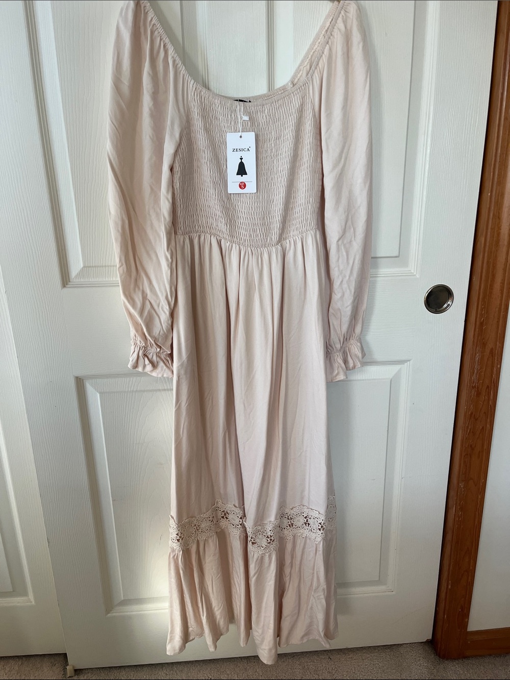 Zesica Cream Long Sleeve Smocked Maxi Dress Boho Cottagecore